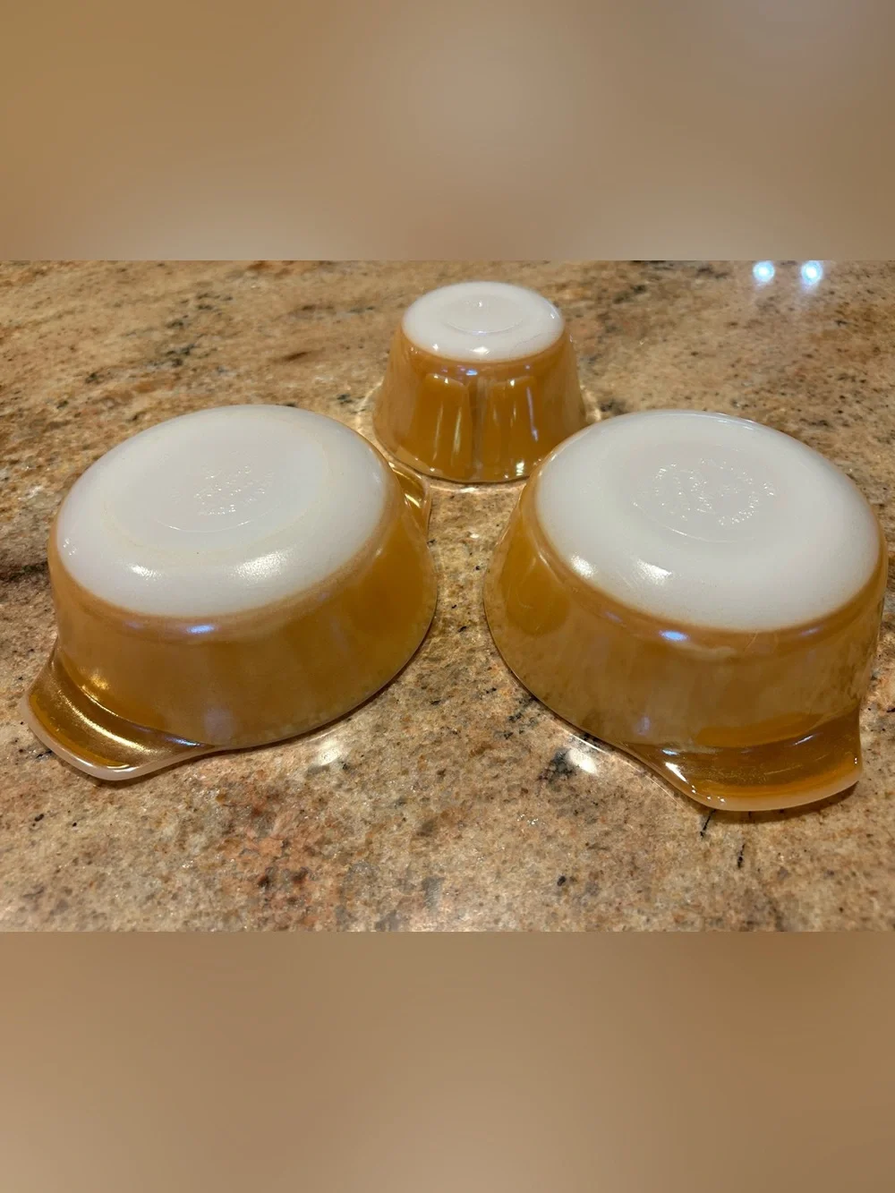 Fire King #472 Peach Lustre Set of 2 12oz Round Casserole + (1) 6oz Custard Cup